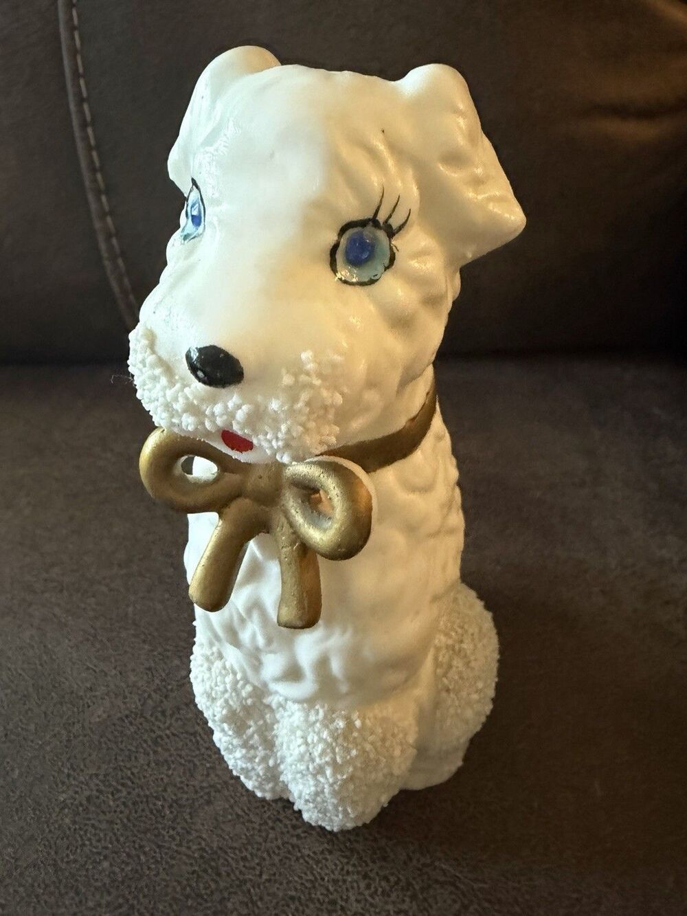 Vtg. 1950s I. W. & Co. Rice Dog Blue Eyes Porcelain Hand-Painted Vase Lamp Bow